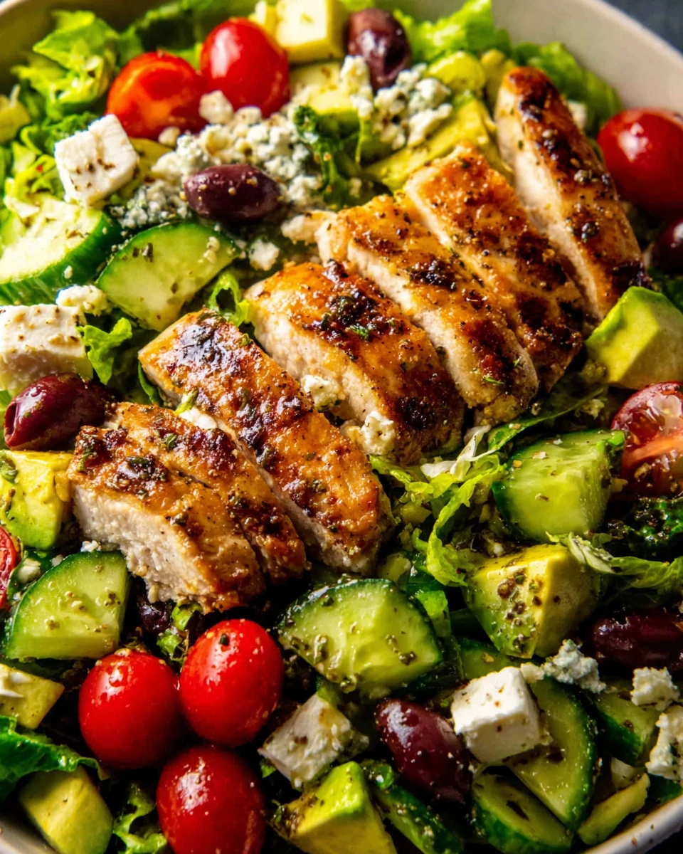 Mediterranean Grilled Chicken Salad with Fresh Veggies Grilled chicken salad with avocado, feta, cucumbers, and olives