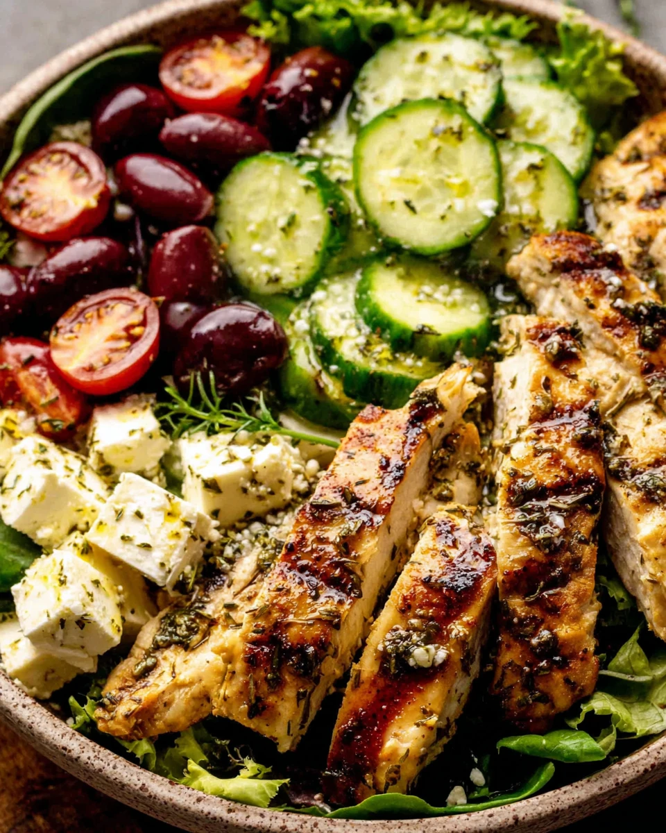 Mediterranean Grilled Chicken Salad with Feta and Olives Grilled chicken salad with feta, cucumbers, and olives