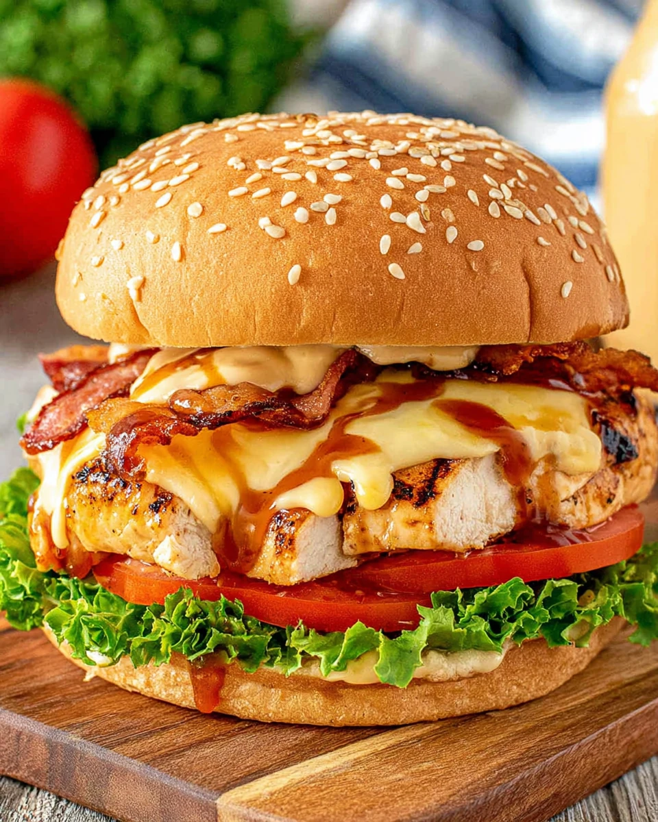 Grilled Chicken Sandwich with Bacon and Cheese Juicy grilled chicken sandwich with bacon, cheese, and fresh veggies on a sesame bun