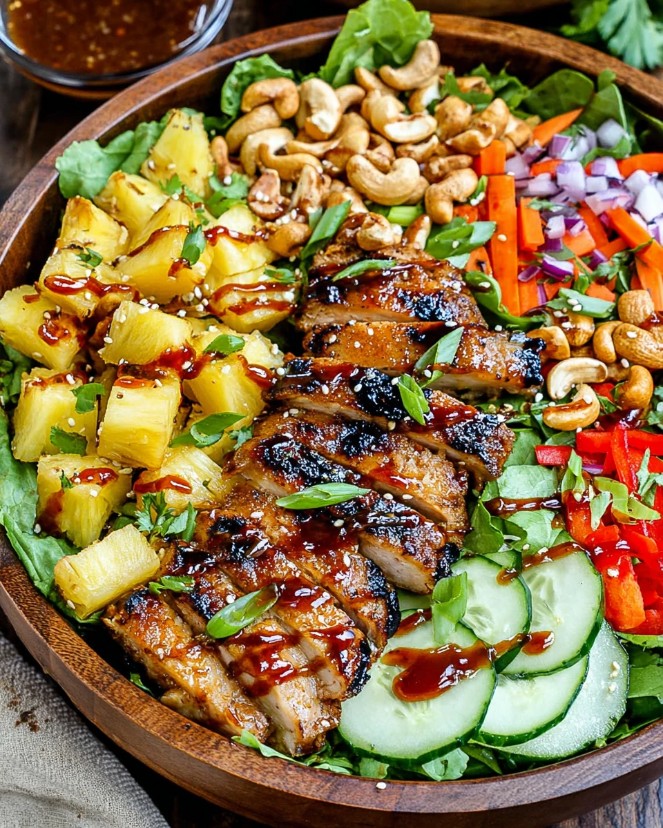 Grilled Chicken Teriyaki Pineapple Salad with Veggies Grilled chicken teriyaki pineapple salad with fresh vegetables, cashews, and teriyaki glaze