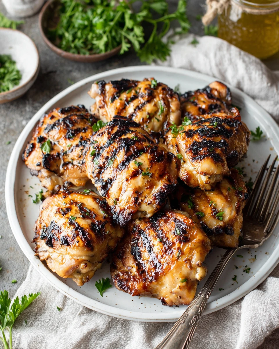 Grilled Chicken Thighs with Savory Marinade Grilled chicken thighs with marinade, garnished with parsley on a white plate