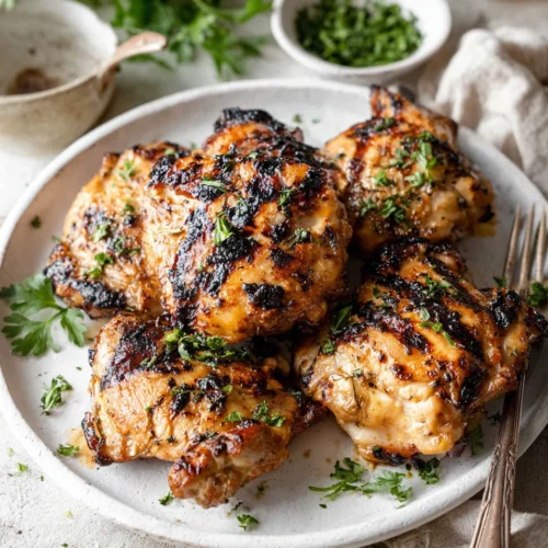 Grilled Chicken Thigh Marinade: A Flavorful Delight 1 Grilled chicken thighs with char marks and fresh parsley garnish