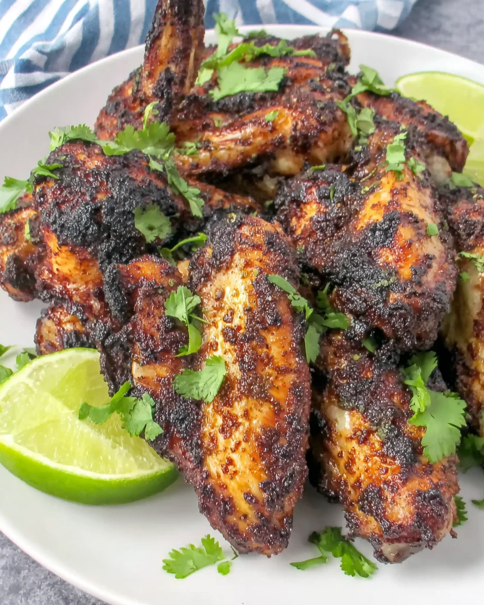Grilled Dry Rub Chicken Wings with Lime Garnish Grilled dry rub chicken wings with charred edges and lime garnish
