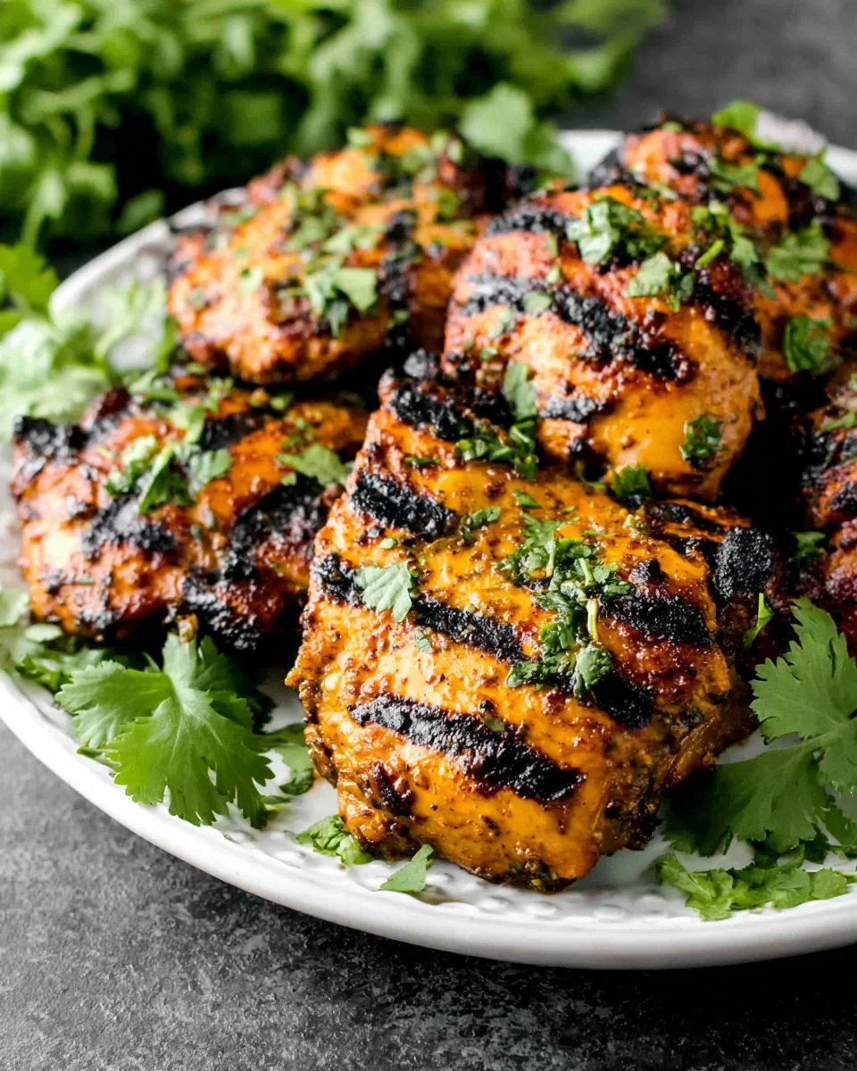 Grilled Jerk Chicken Recipe with Charred Marks and Cilantro Grilled jerk chicken thighs with charred grill marks and fresh cilantro garnish