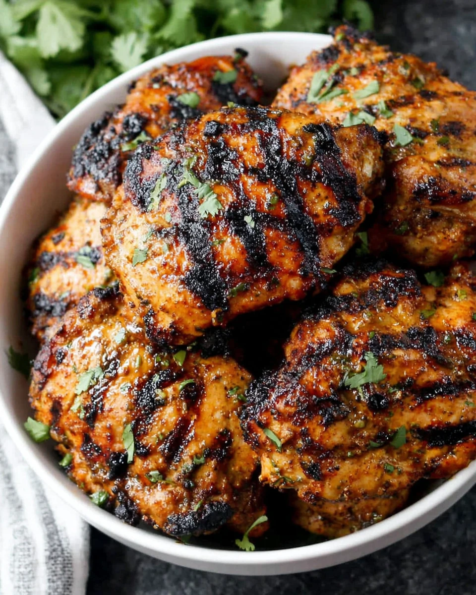 Grilled Jerk Chicken Thighs with Cilantro Garnish Grilled jerk chicken thighs with char marks and fresh herbs in a white bowl