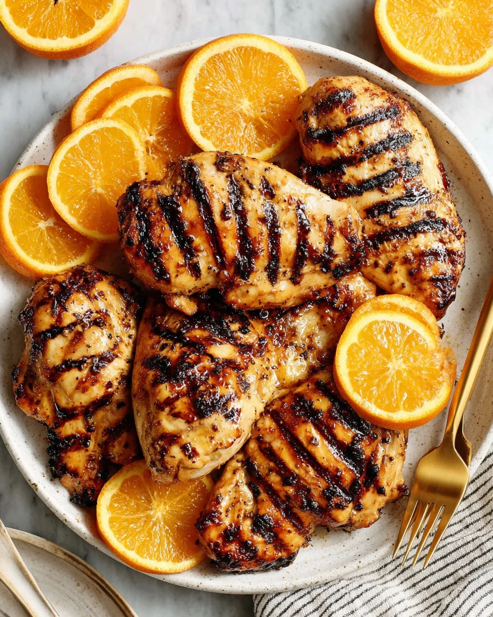 Grilled Orange Honey Chicken with Fresh Orange Slices Grilled orange honey chicken with orange slices on a white plate