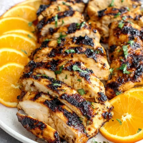 Grilled Orange Honey Chicken: A Flavorful Delight 1 Grilled orange honey chicken with orange slices and herbs on a white plate
