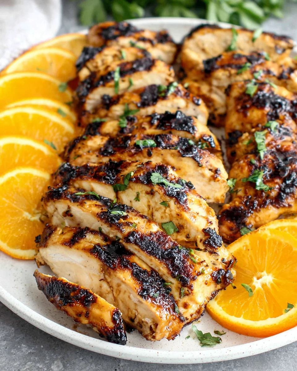 Grilled Orange Honey Chicken with Orange Wedges Grilled orange honey chicken with orange slices and herbs on a white plate