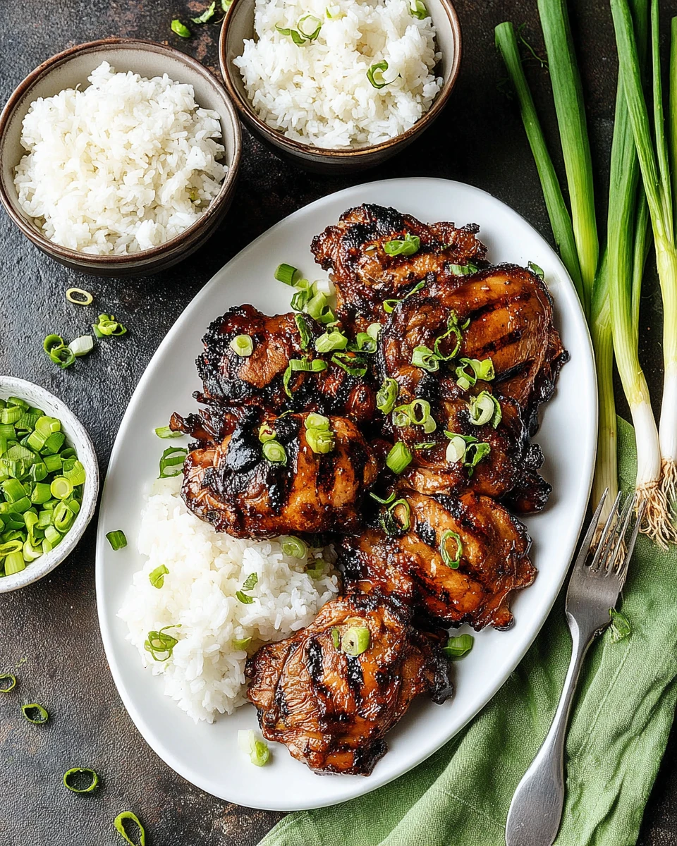 Grilled teriyaki chicken thighs with green onions and rice