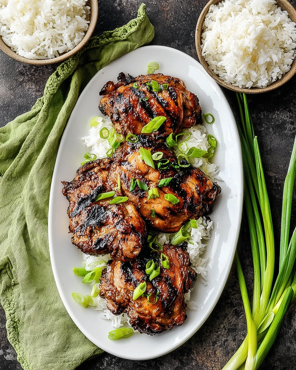 Grilled teriyaki chicken thighs with green onions on a white plate
