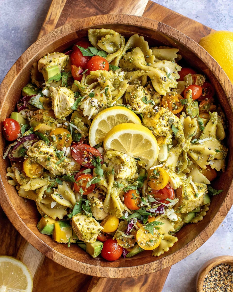Healthy chicken pesto pasta salad with chickpeas and arugula.