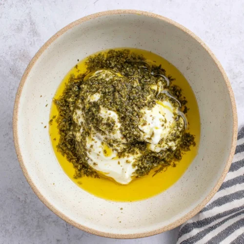 Healthy chicken pesto pasta salad dressing ingredients.