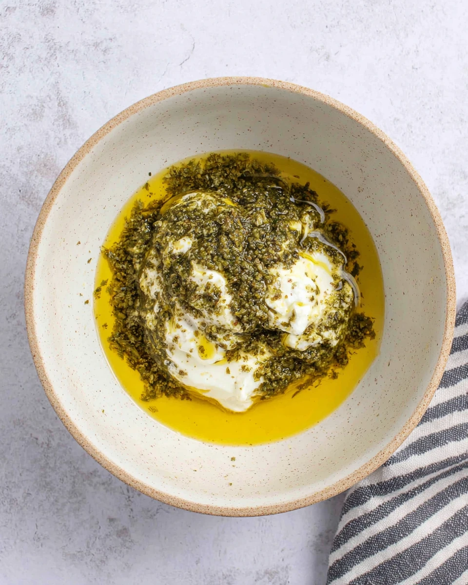 Healthy chicken pesto pasta salad dressing ingredients.