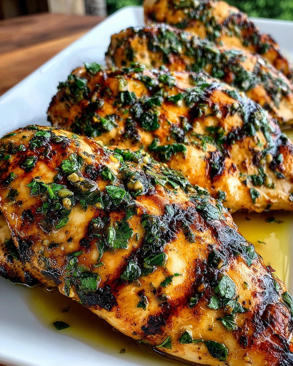 Herb marinated grilled chicken breast with fresh parsley garnish on a white plate