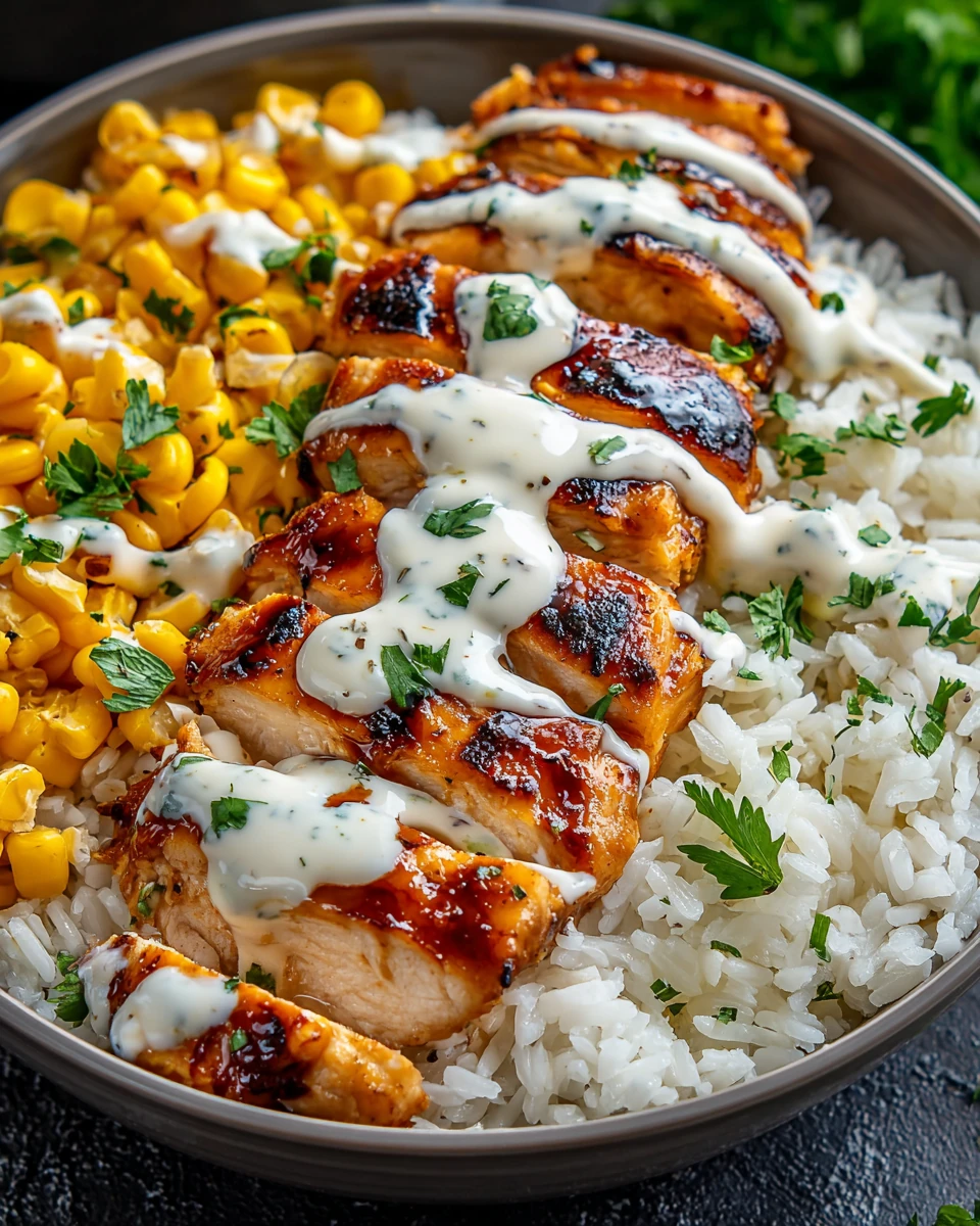 High protein BBQ ranch chicken bowl with grilled chicken, rice, corn, and creamy sauce