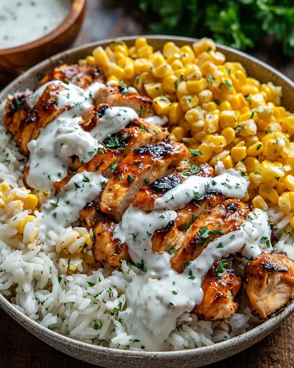 High protein BBQ ranch chicken bowl with grilled chicken, corn, and creamy sauce