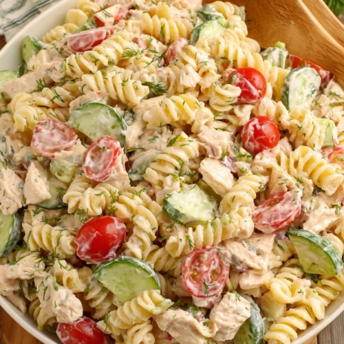 Delicious high protein pasta salad rich in flavors and textures