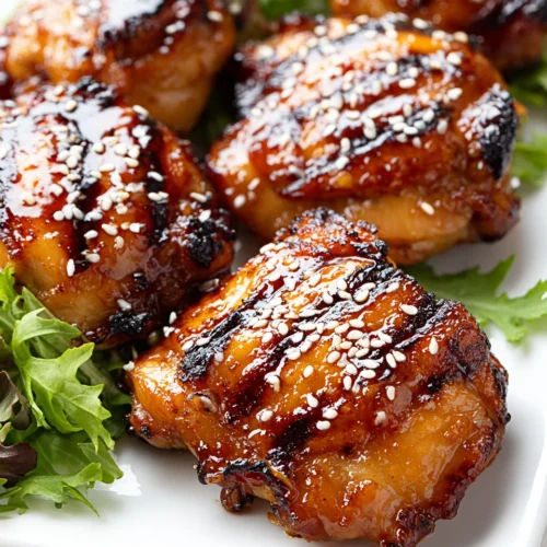 Honey Garlic Grilled Chicken Thighs: A Delicious Delight 1 Honey garlic grilled chicken thighs with sesame seeds on a white plate
