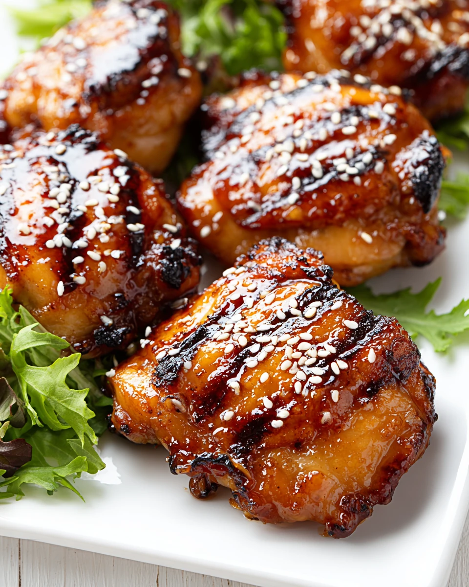 Honey Garlic Grilled Chicken Thighs with Sesame Seeds Honey garlic grilled chicken thighs with sesame seeds on a white plate