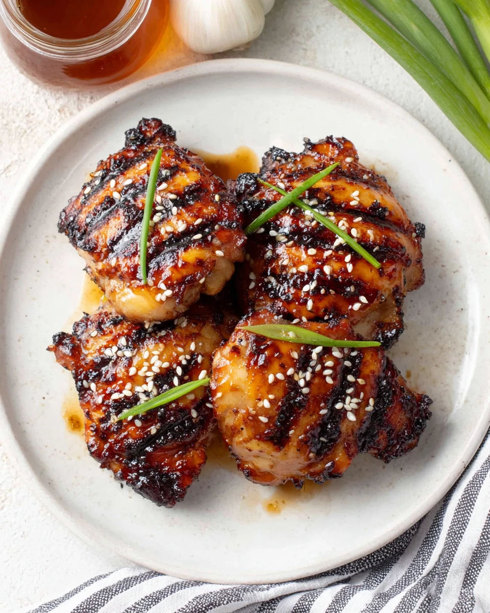Honey Garlic Grilled Chicken Thighs with Sesame Seeds Honey garlic grilled chicken thighs with sesame seeds on a white plate