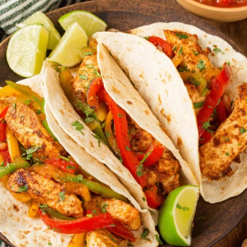 Instant Pot chicken fajitas with peppers and tortillas.