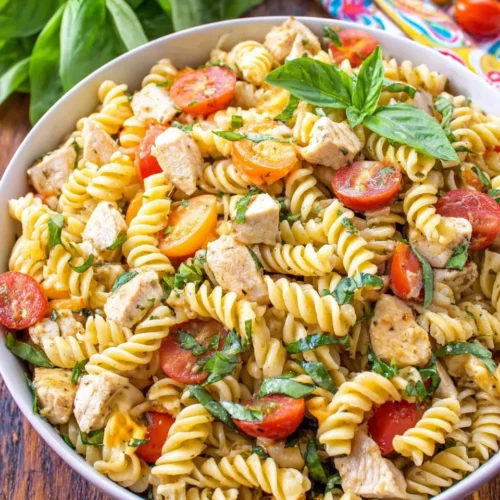 Italian chicken pasta salad with rotini, chicken, and fresh veggies.