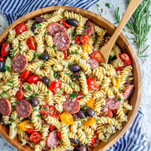 Delicious Italian pasta salad with vibrant ingredients and flavors.