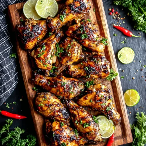 Delicious Jamaican Jerk Chicken Recipe 1 Jamaican jerk chicken on a wooden board with fresh parsley and lime garnish
