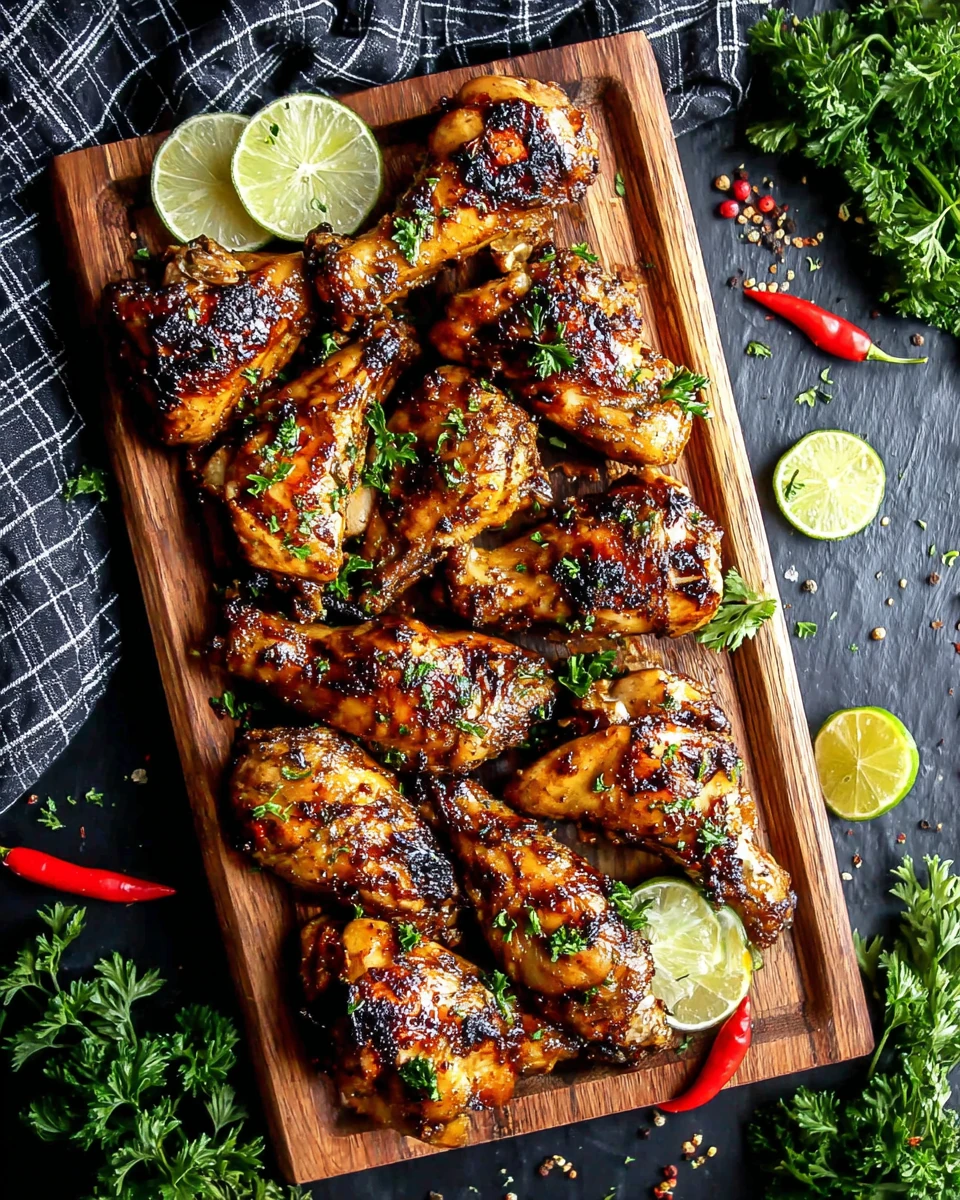Jamaican Jerk Chicken Recipe with Fresh Garnish Jamaican jerk chicken on a wooden board with fresh parsley and lime garnish
