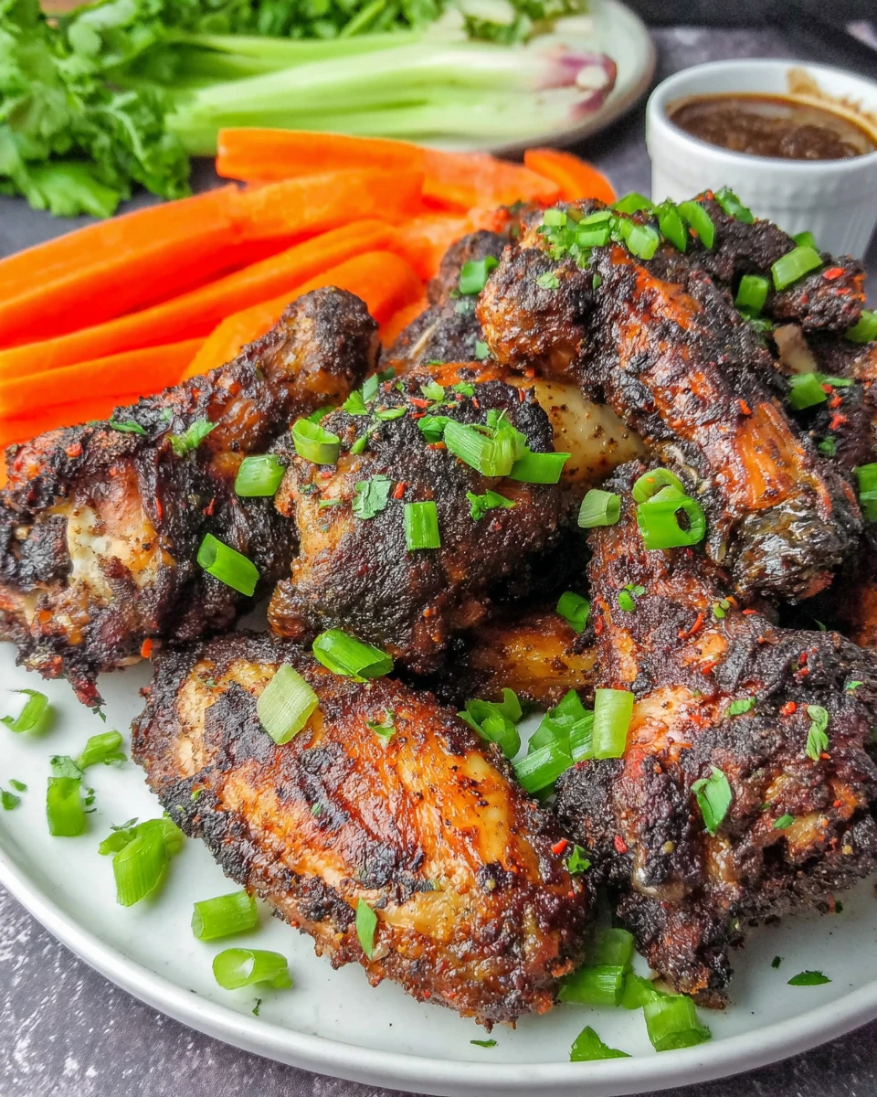 Jamaican Jerk Chicken Wings with Spicy Seasoning Crispy Jamaican jerk chicken wings with green onions on a white plate