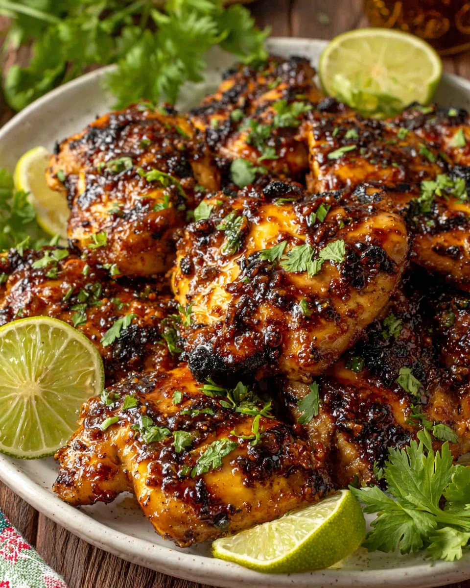 Jamaican Jerk Chicken Recipe with Lime and Cilantro Jamaican jerk chicken with fresh lime and cilantro on a white plate
