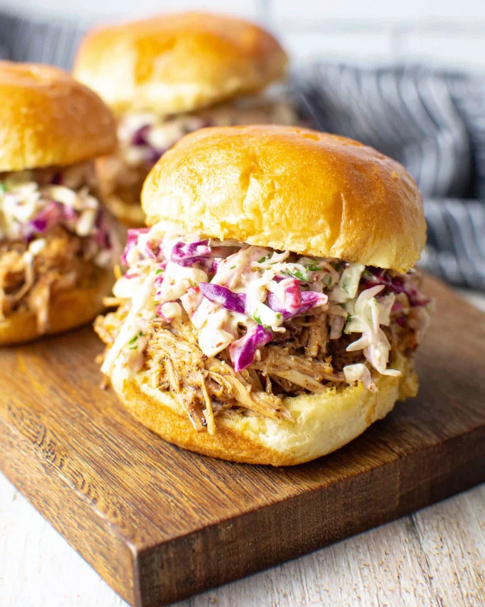 Jerk chicken sandwich with coleslaw on a wooden board