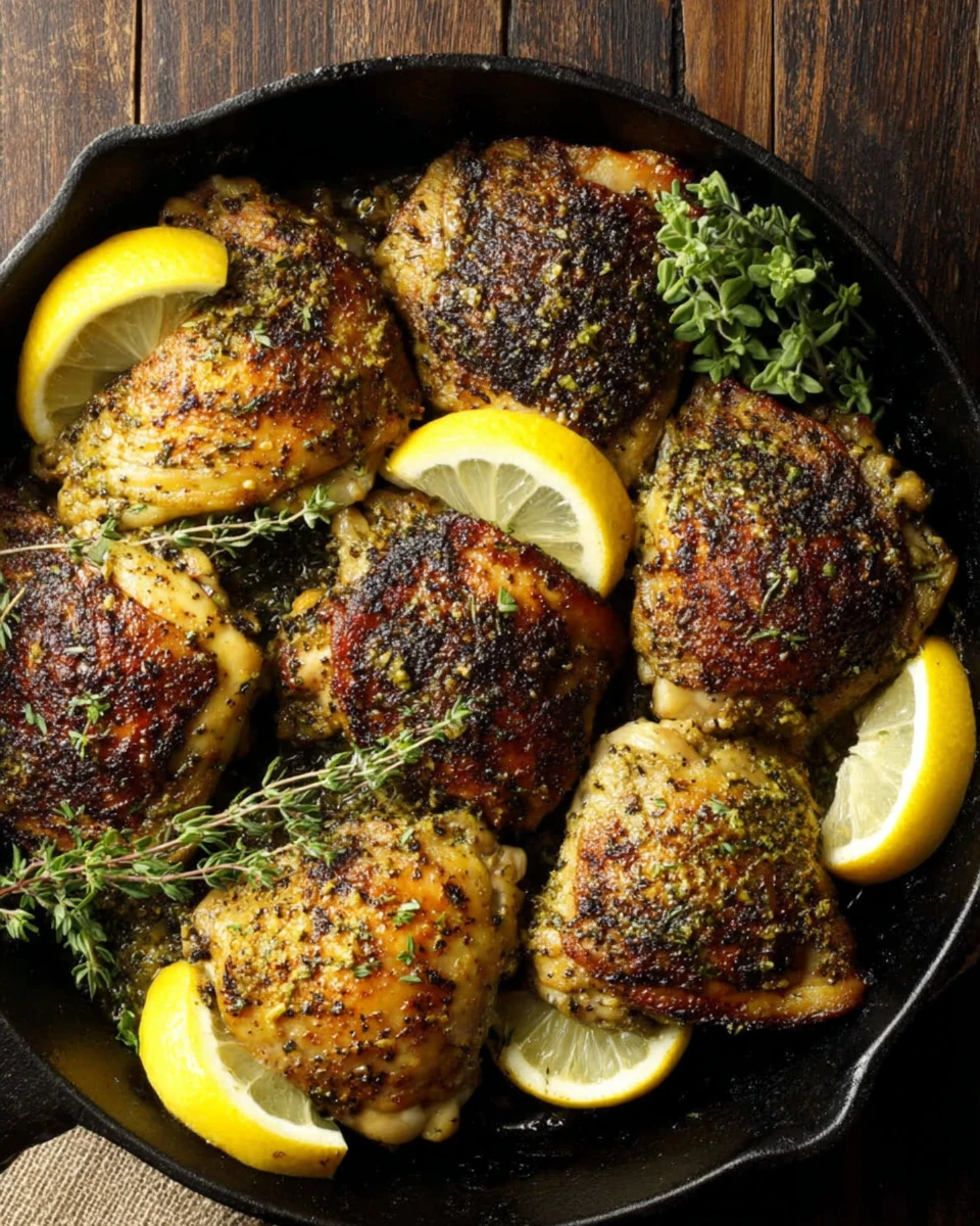 Jerk chicken thighs in a cast iron skillet with lemon and herbs