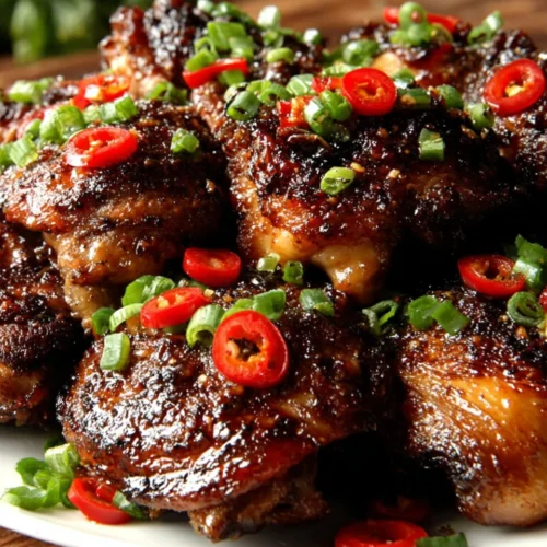 Juicy jerk chicken thighs with fresh garnish on a white plate
