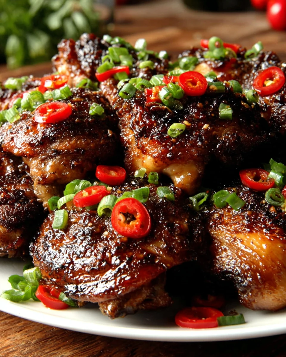 Juicy jerk chicken thighs with fresh garnish on a white plate