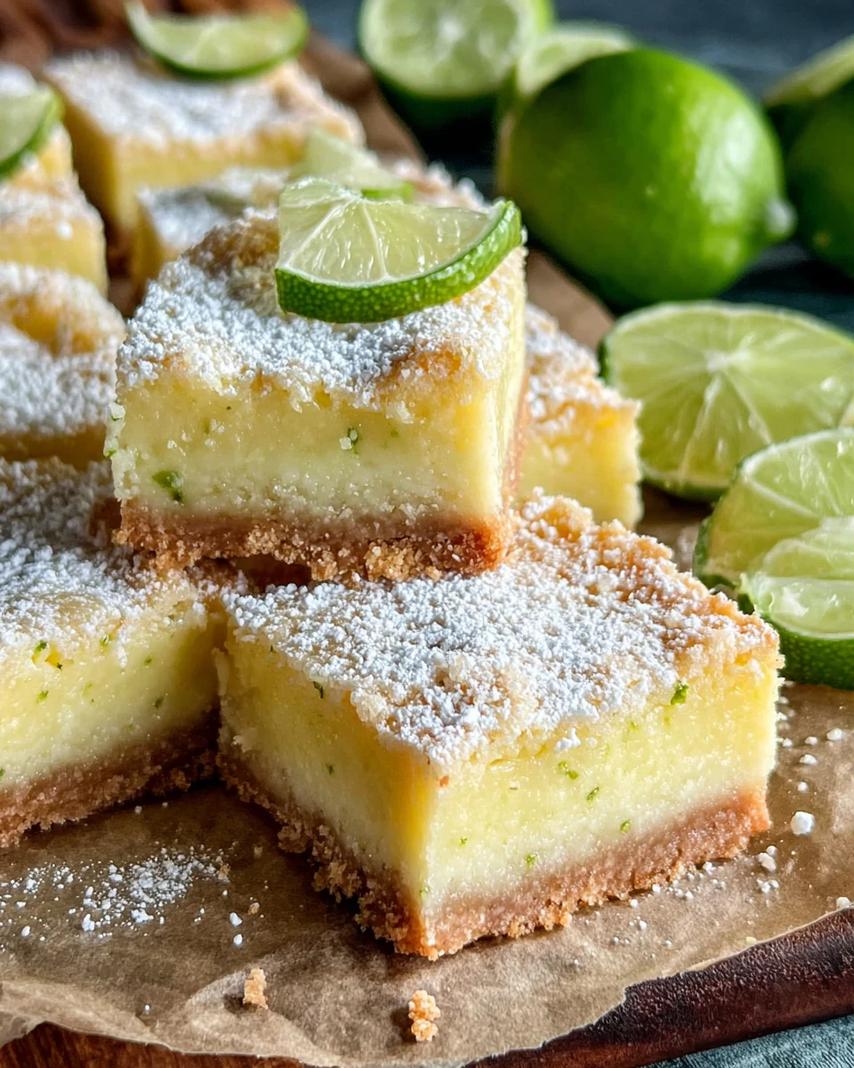 Key lime pie bars with powdered sugar and fresh lime garnish