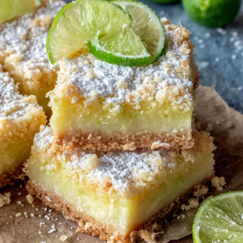 Key lime pie bars with powdered sugar and fresh lime garnish