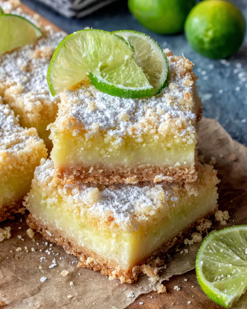 Key lime pie bars with powdered sugar and fresh lime garnish