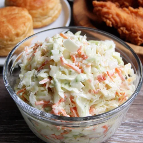 KFC Coleslaw: A Simple and Delicious Copycat Recipe 1 Creamy KFC coleslaw with shredded cabbage and carrots in a glass bowl