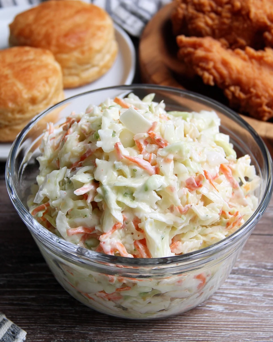 KFC Coleslaw Recipe with Crispy Chicken and Biscuits Creamy KFC coleslaw with shredded cabbage and carrots in a glass bowl