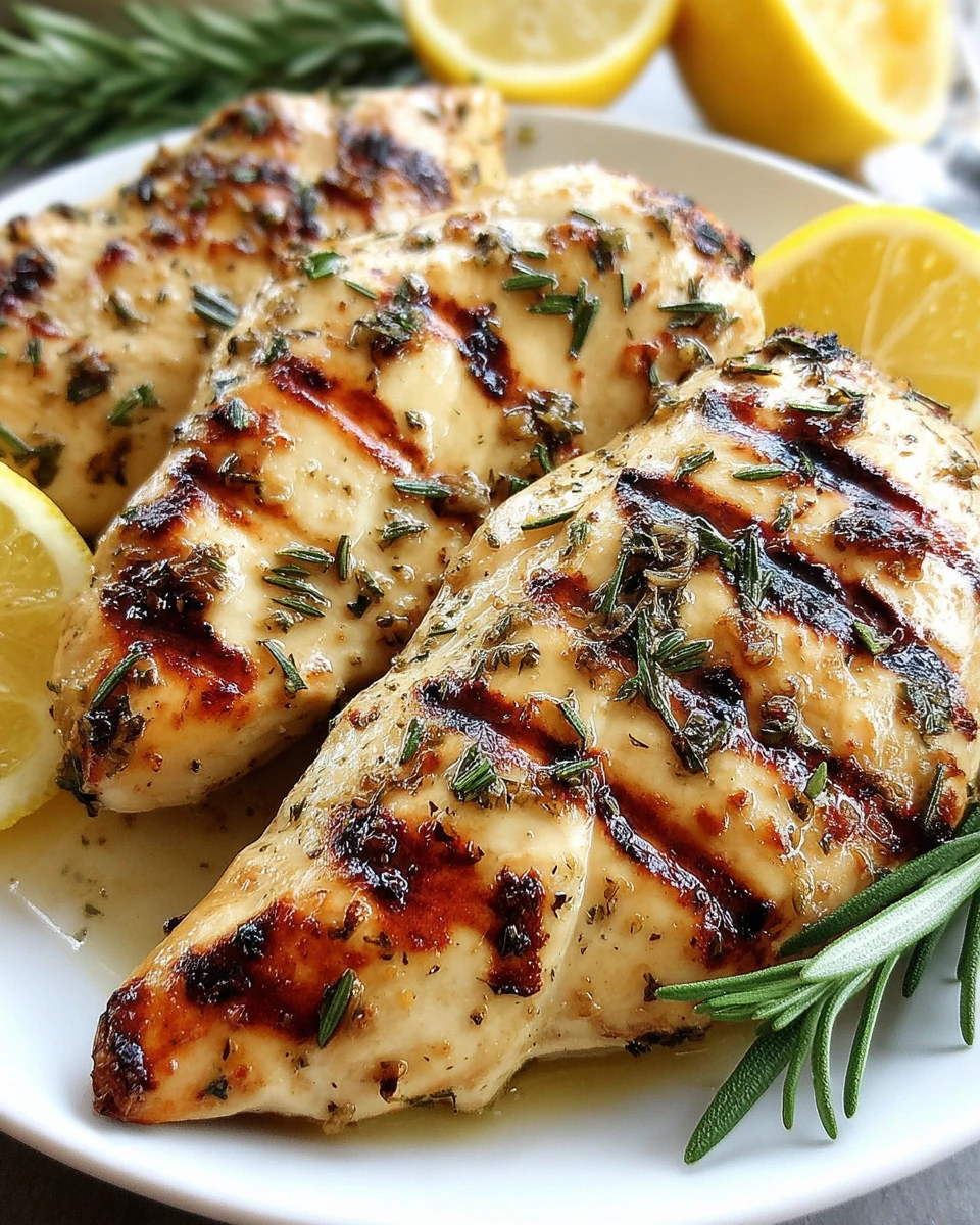 Lemon herb grilled chicken breast with lemon wedges and fresh rosemary on a white plate