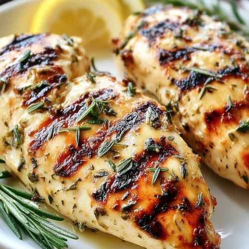 Lemon herb grilled chicken breast with lemon wedges and fresh rosemary on a white plate