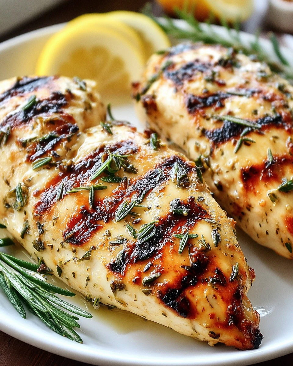Lemon herb grilled chicken breast with lemon wedges and fresh rosemary on a white plate
