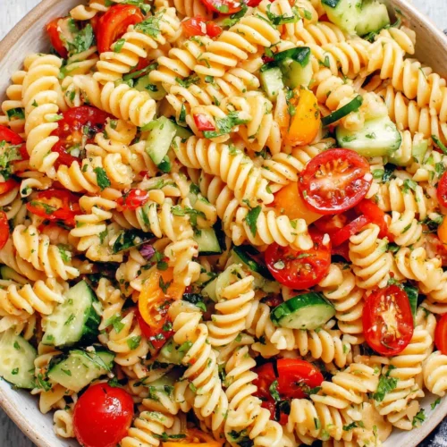 Make-Ahead Pasta Salad: A Fresh and Easy Delight 1 Make-ahead pasta salad with rotini, vegetables, and dressing.