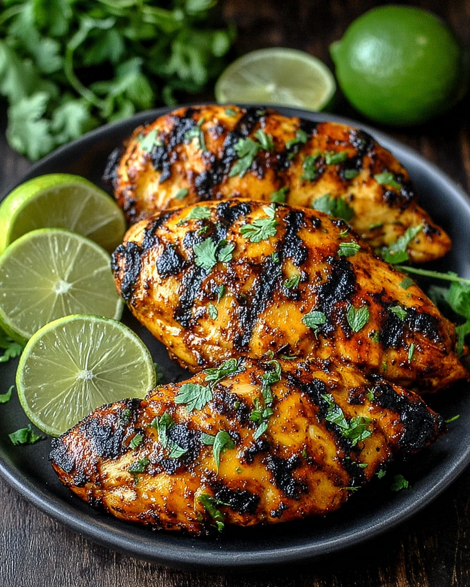 Mango Lime Grilled Chicken with Cilantro and Lime Mango lime grilled chicken with cilantro and lime on a dark plate