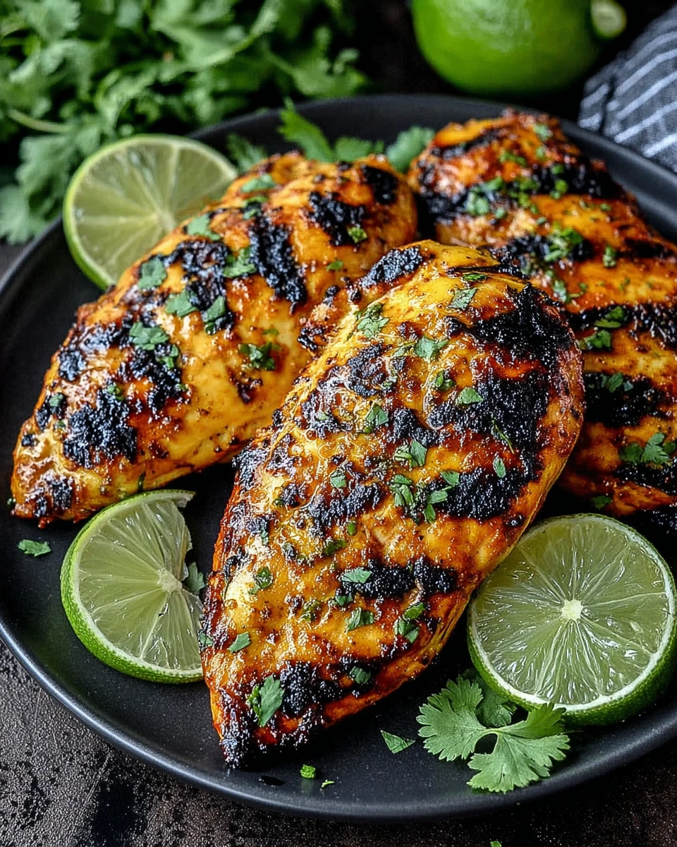 Mango Lime Grilled Chicken with Cilantro and Lime Mango lime grilled chicken with cilantro and lime on a dark plate