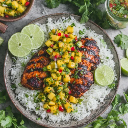 Mango salsa grilled chicken dish with rice and lime.