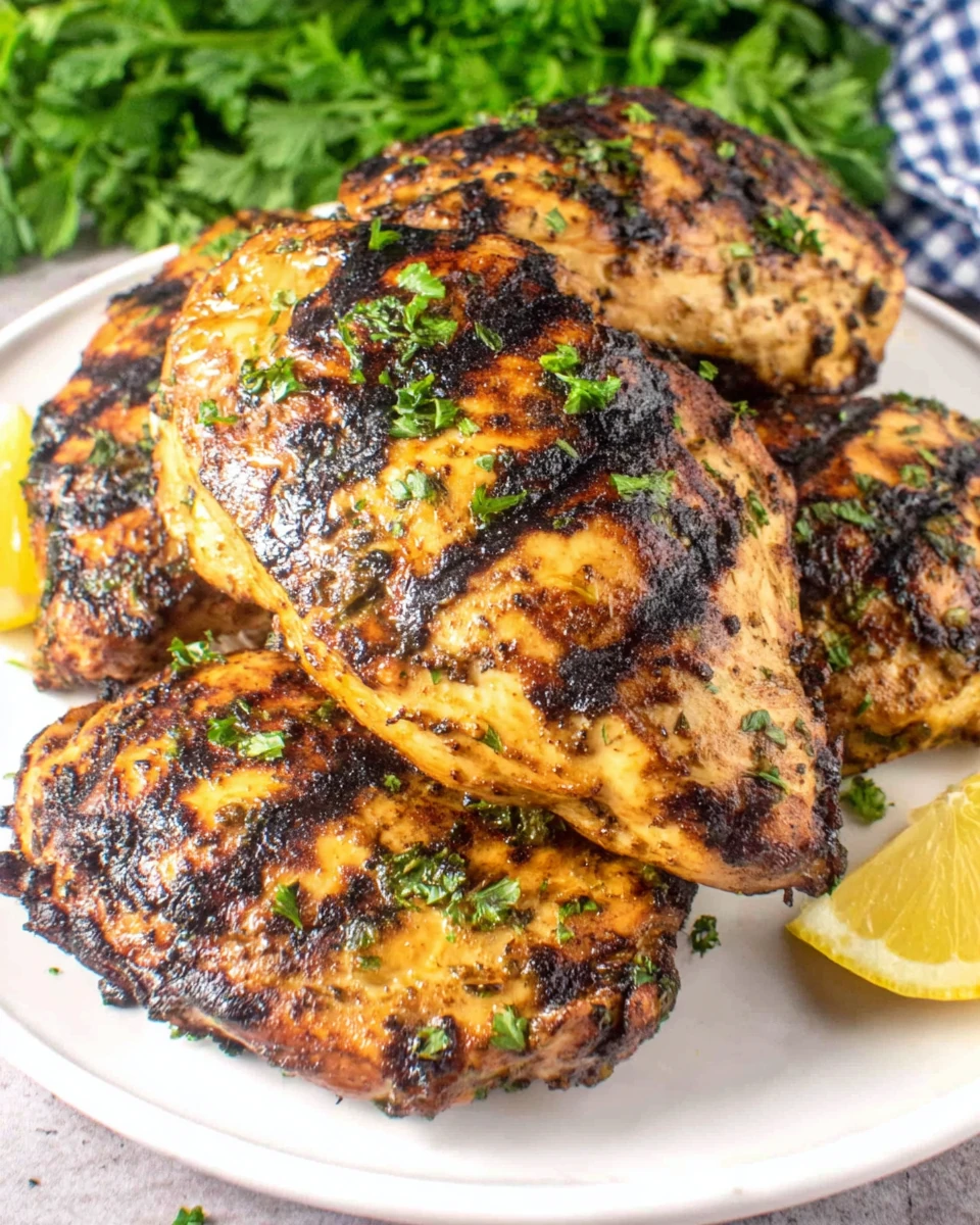 Mediterranean Grilled Chicken Breasts with Herbs and Lemon Mediterranean grilled chicken breasts with herbs and lemon on a white plate