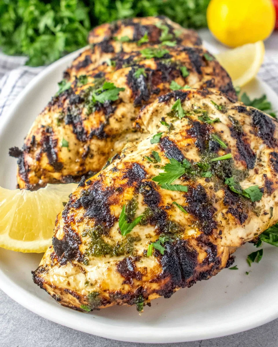 Mediterranean Grilled Chicken Breasts with Fresh Herbs Mediterranean grilled chicken breasts with herbs and lemon on a white plate