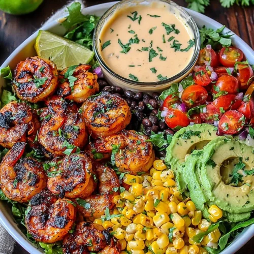 Delicious Mexican shrimp salad with grilled shrimp and corn.